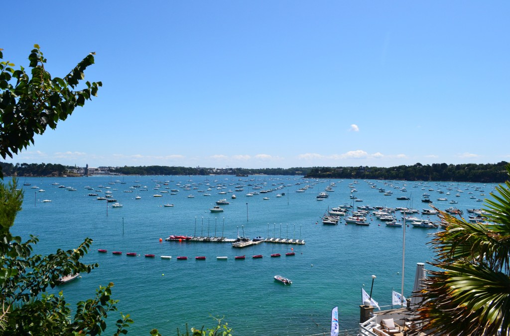 View of a harbour with lots of boats and trees in the foreground.