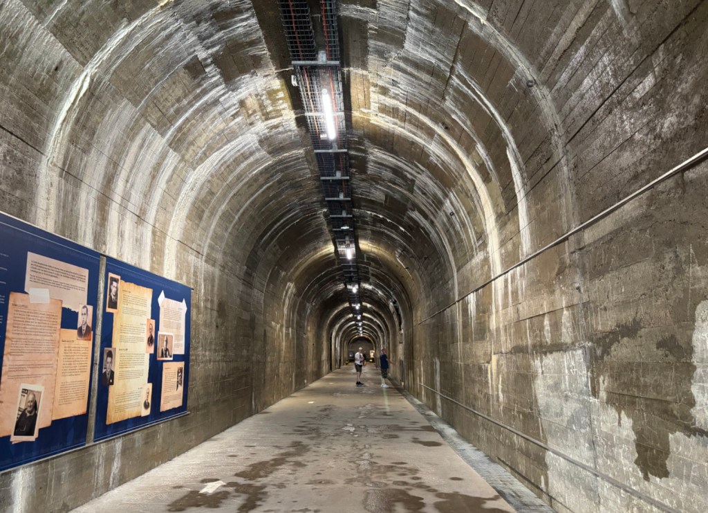 Interior of concrete tunnel with lighting running along the ceiling into the distance.
